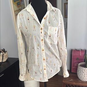 Women's White Button Down Shirt with Colorful Print